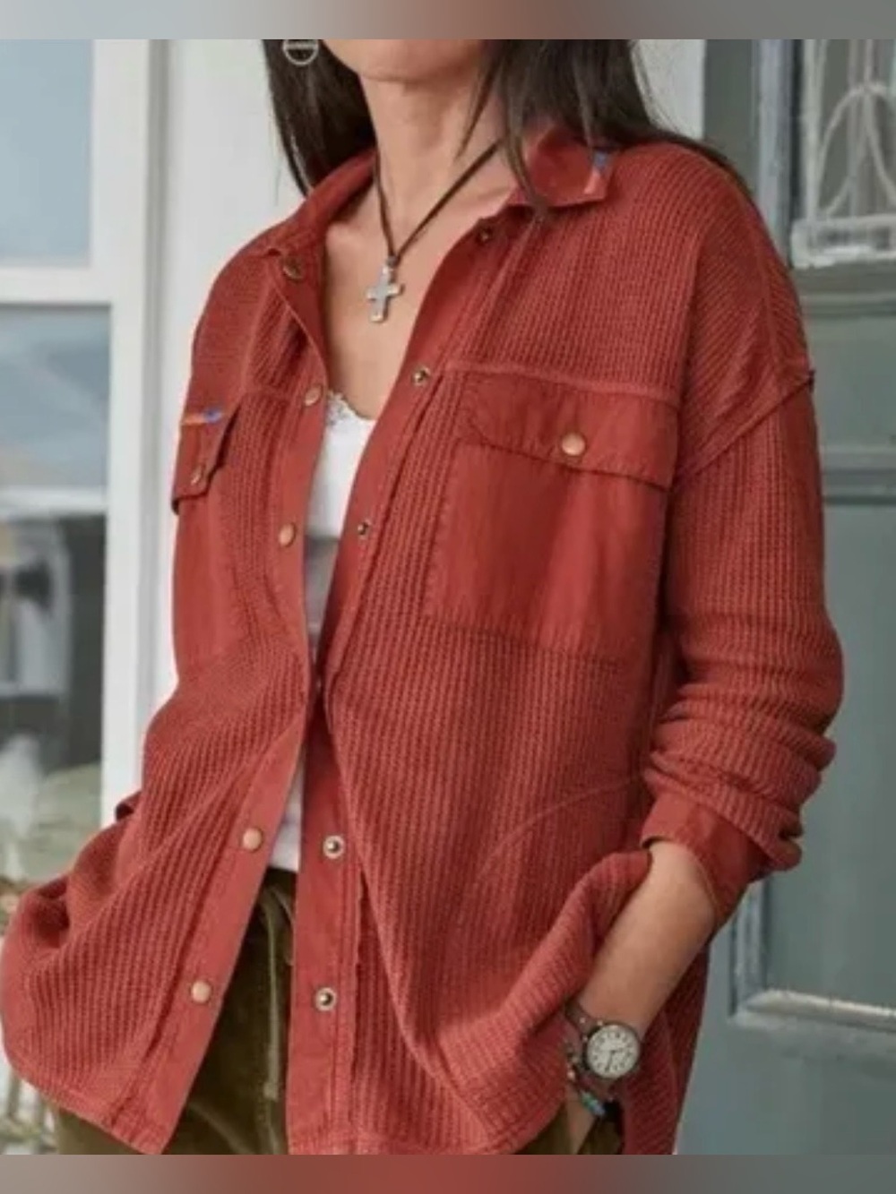 Sundance Prudence Shaket Waffle‎ Thermal Snap Front Shirt Oversized Boho